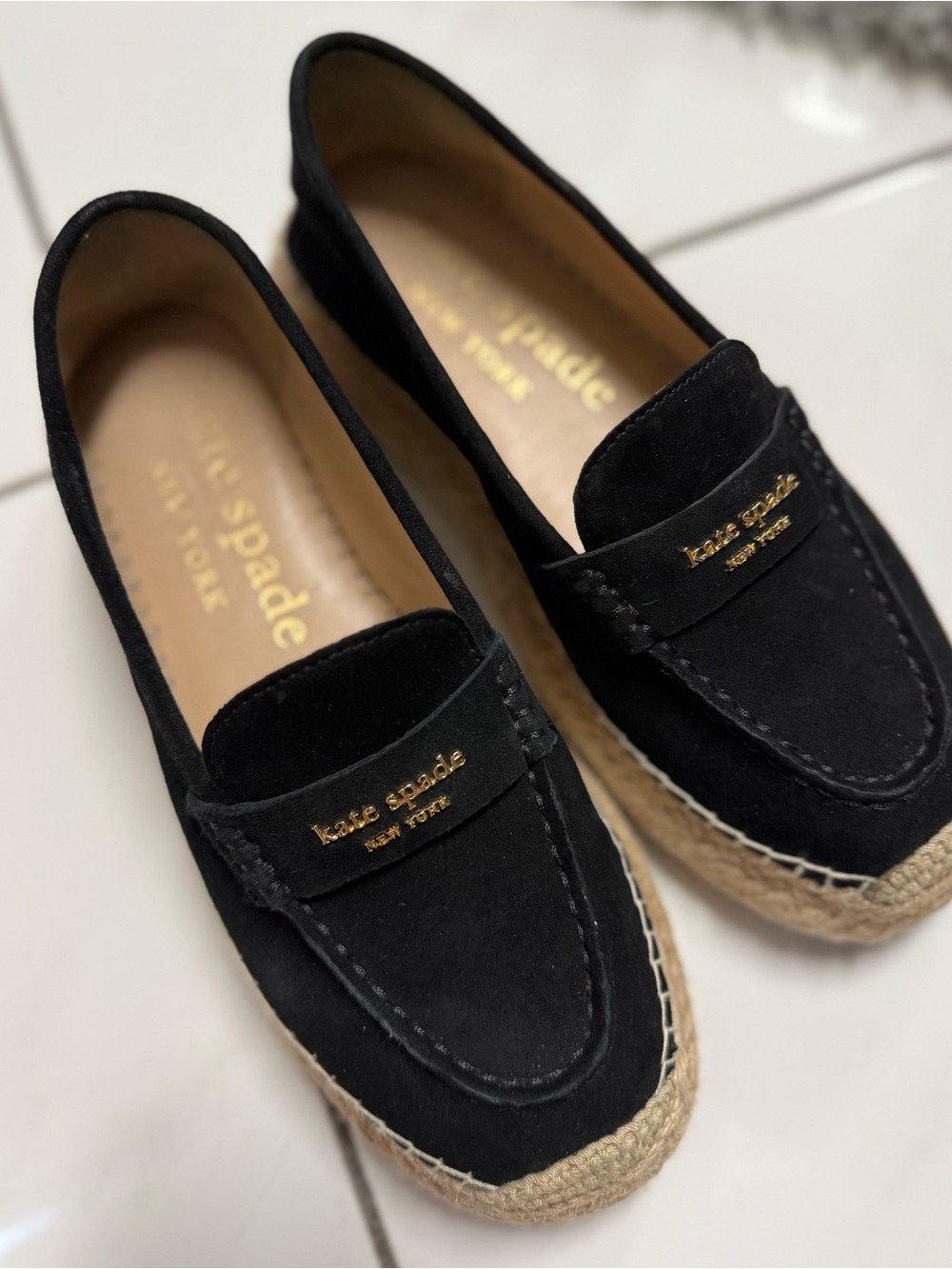 kate spade Black Suede Espadrille Loafers with Gold Logo